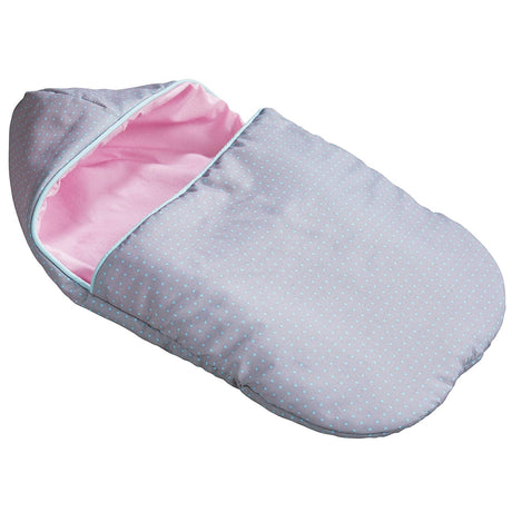 Doll Sleeping Bag with reversible grey polka dot and pink pattern, soft fabric, and hook-and-loop fasteners for cozy dolls.
