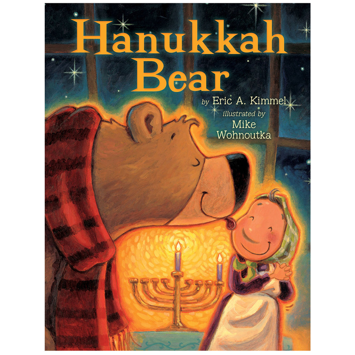 Hanukkah Bear book cover showing a bear and Bubba Brayna by a lit menorah on a winter night.