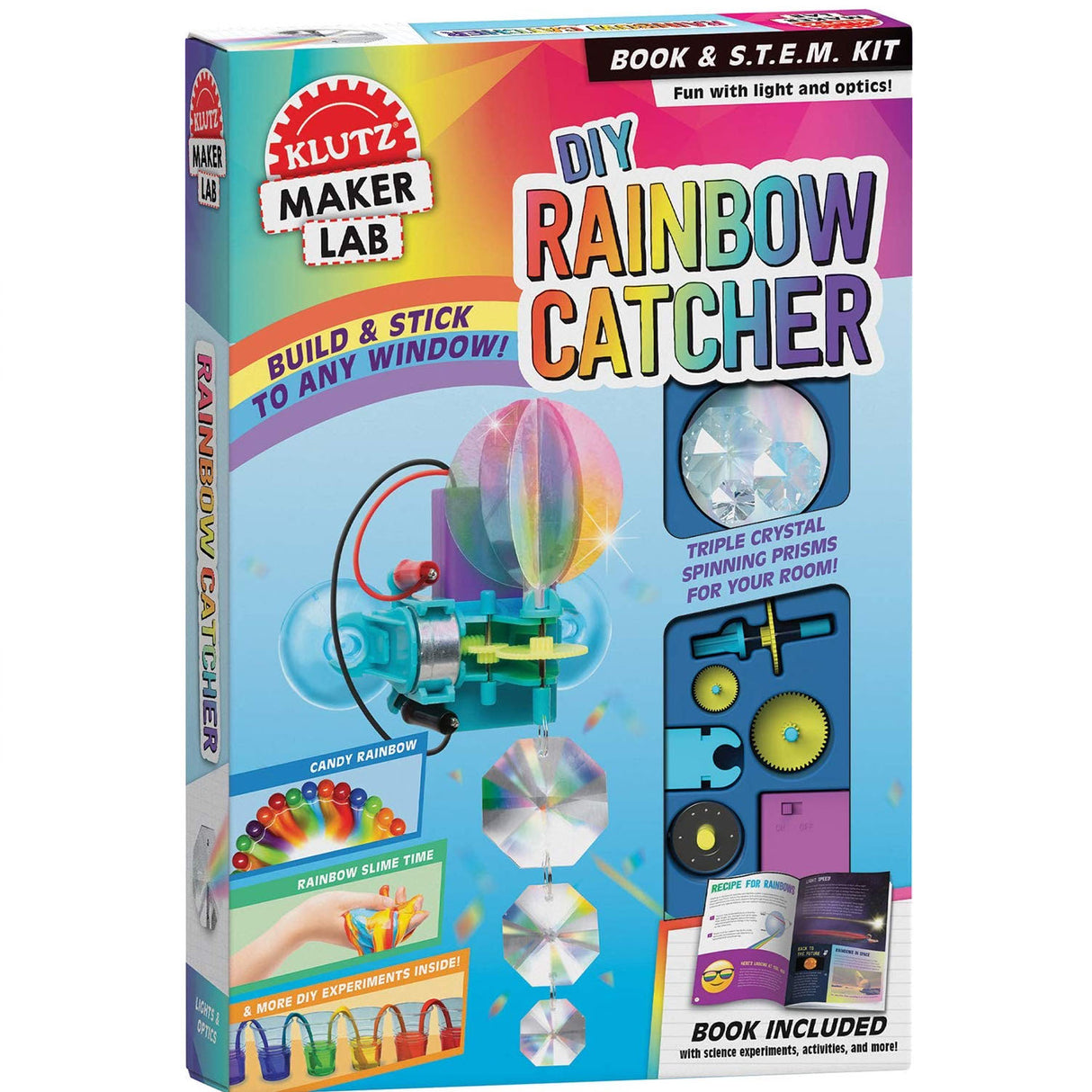 DIY Rainbow Catcher kit box showing motorized rainbow maker with prisms and included science book for kids.