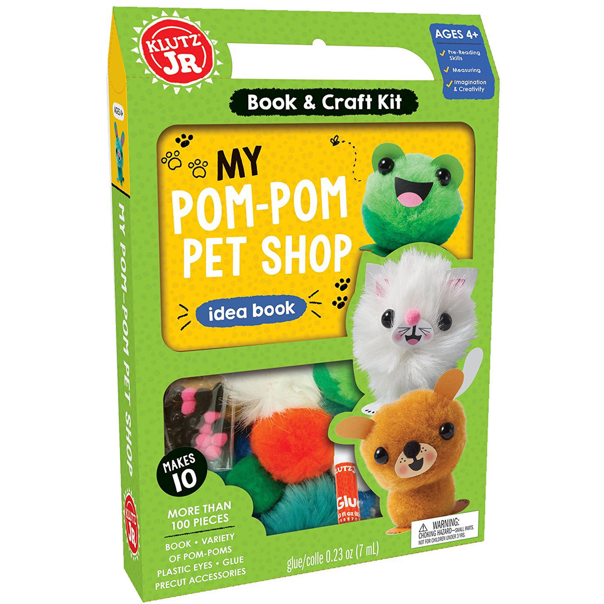 Jr My Pom Pom Pet Shop kit with pom-poms, glue, and book for kids to create ten fuzzy pets and accessories.