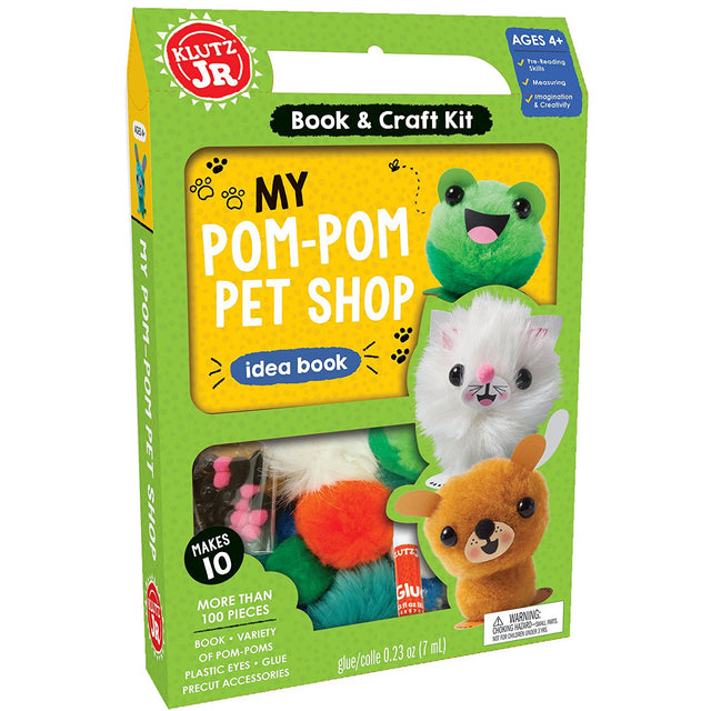 Jr My Pom Pom Pet Shop kit with pom-poms, glue, and book for kids to create ten fuzzy pets and accessories.