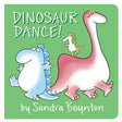 Cover of Dinosaur Dance! showing colorful, friendly dancing dinosaurs by Sandra Boynton on a green background.