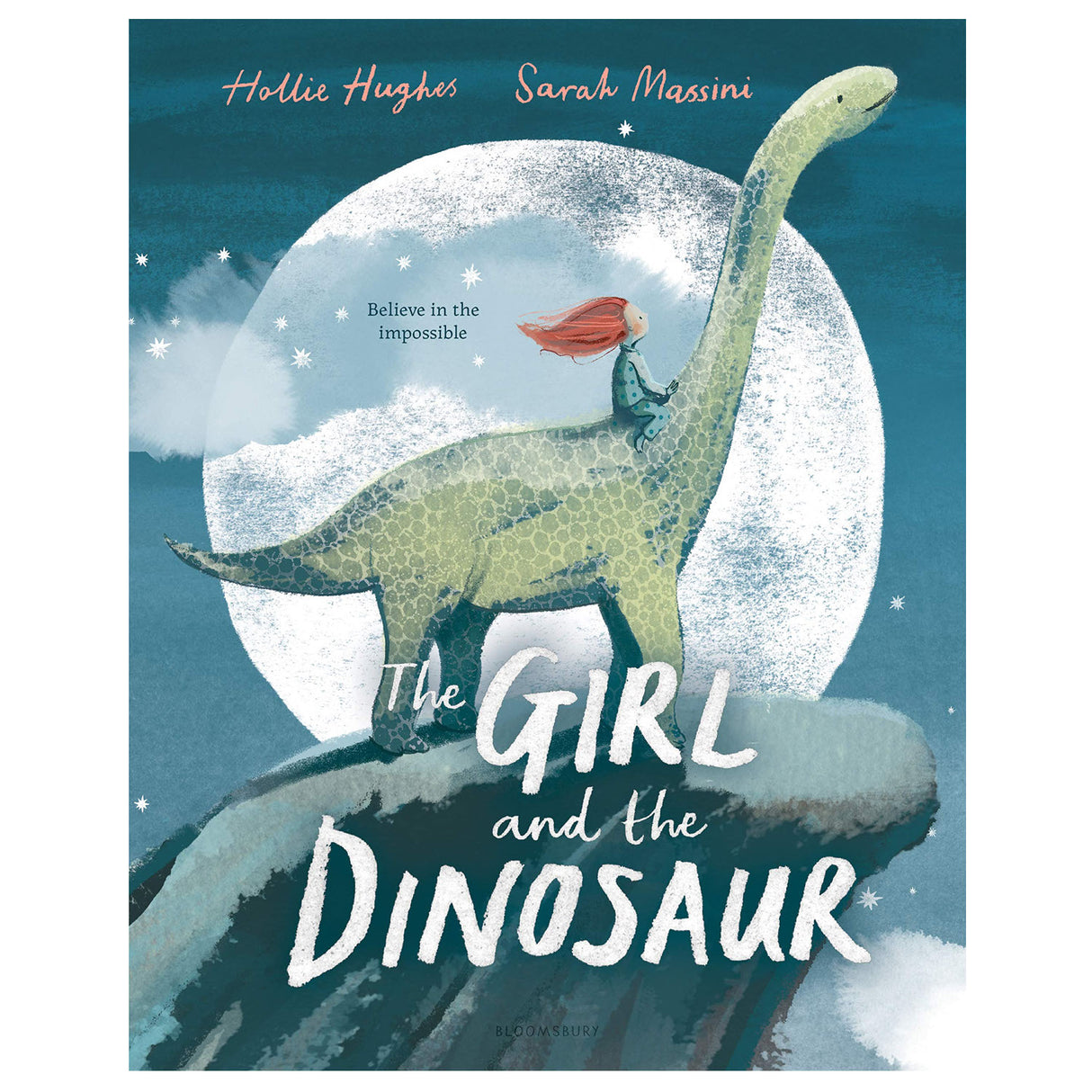 Cover of "Girl and the Dinosaur" showing a girl riding a large dinosaur under a bright full moon.