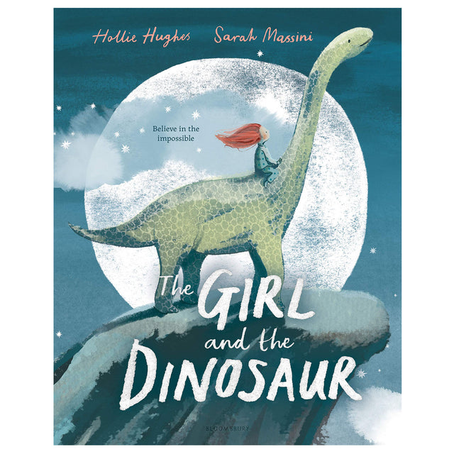 Cover of "Girl and the Dinosaur" showing a girl riding a large dinosaur under a bright full moon.