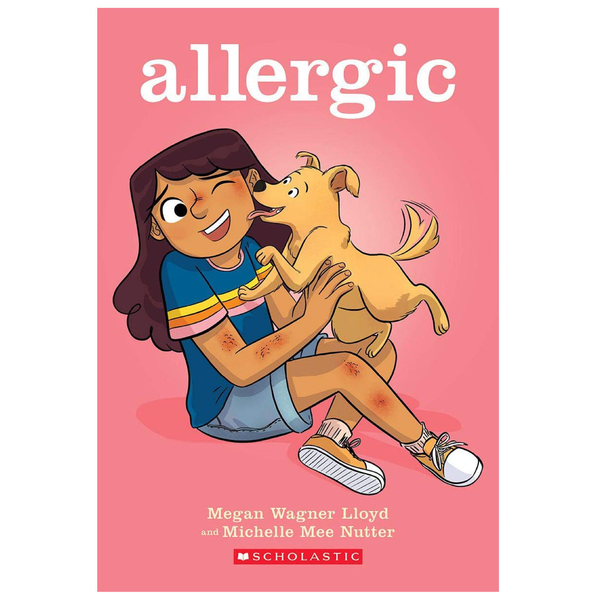 Cover of Allergic showing a girl with allergy rashes holding a playful puppy against a pink background
