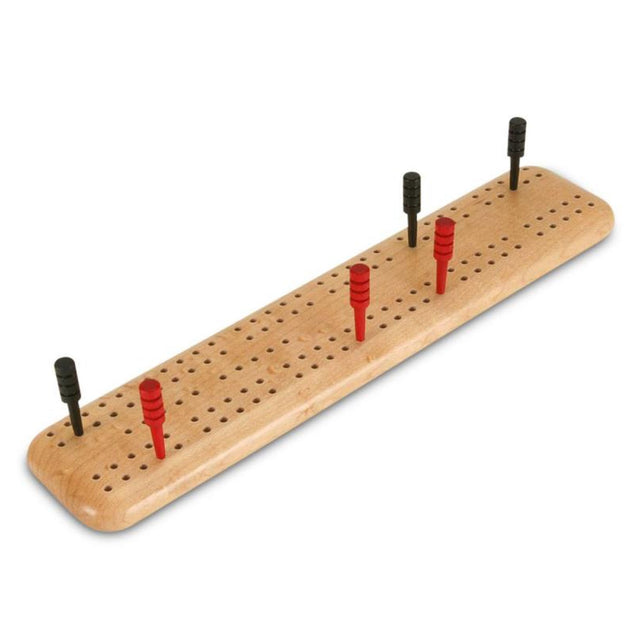 Bird's-Eye Maple Travel Cribbage Board with red and black pegs in a compact wooden design for playing on the go.