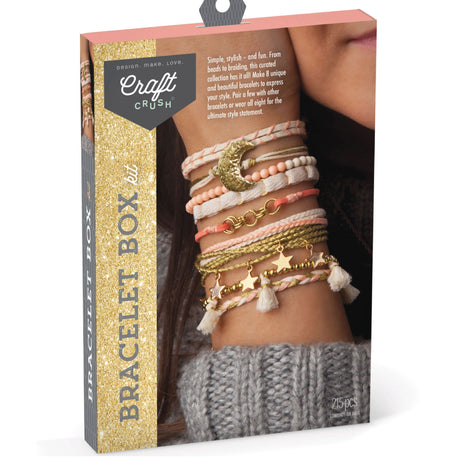 Bracelet Box Gold showing a wrist adorned with multiple stylish, handmade bracelets from the craft kit.