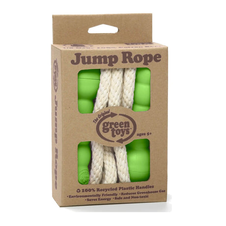 Green Toys Jump Rope with 100% recycled plastic handles and adjustable cotton rope, eco-friendly and safe for kids.