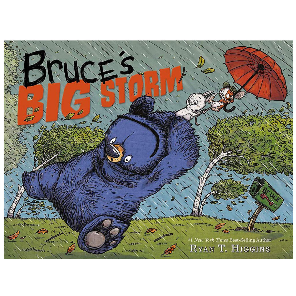Bruce's Big Storm book cover shows Bruce the bear with woodland friends in a windy storm, illustrated by Ryan T. Higgins.