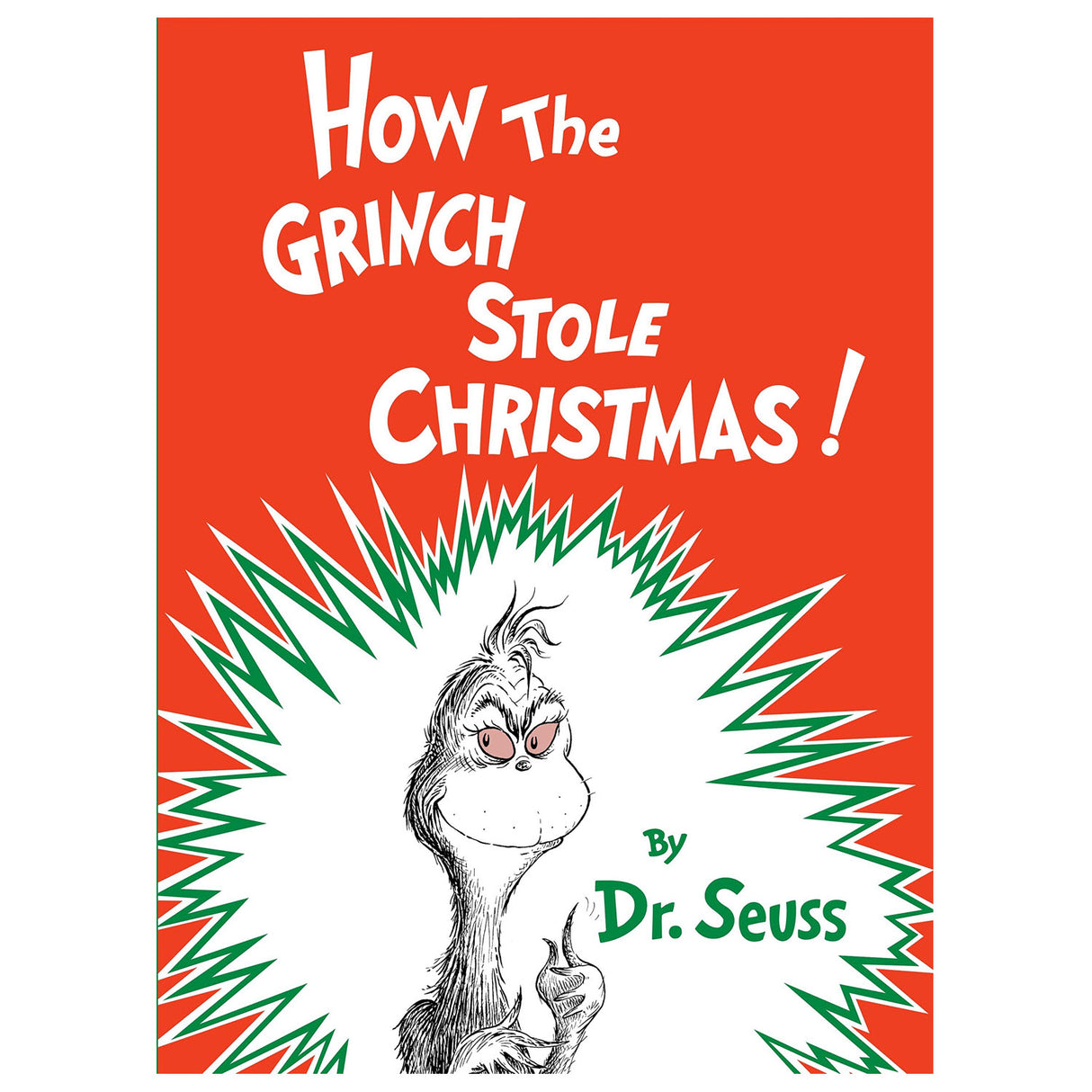 How the Grinch Stole Christmas book cover with the Grinch illustration on a red and white background by Dr. Seuss.
