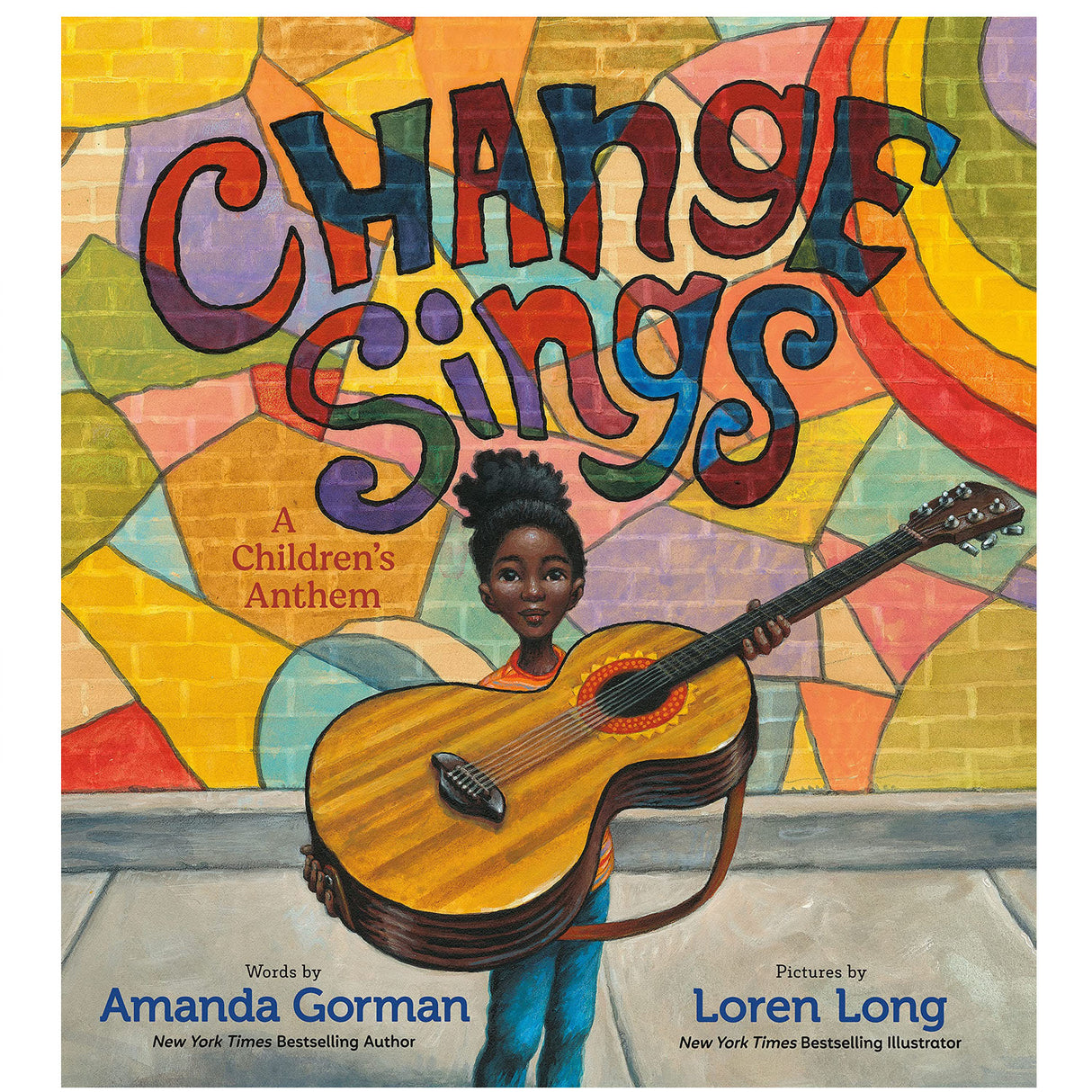 Change Sings book cover featuring a young girl holding a guitar in front of a colorful mural background.