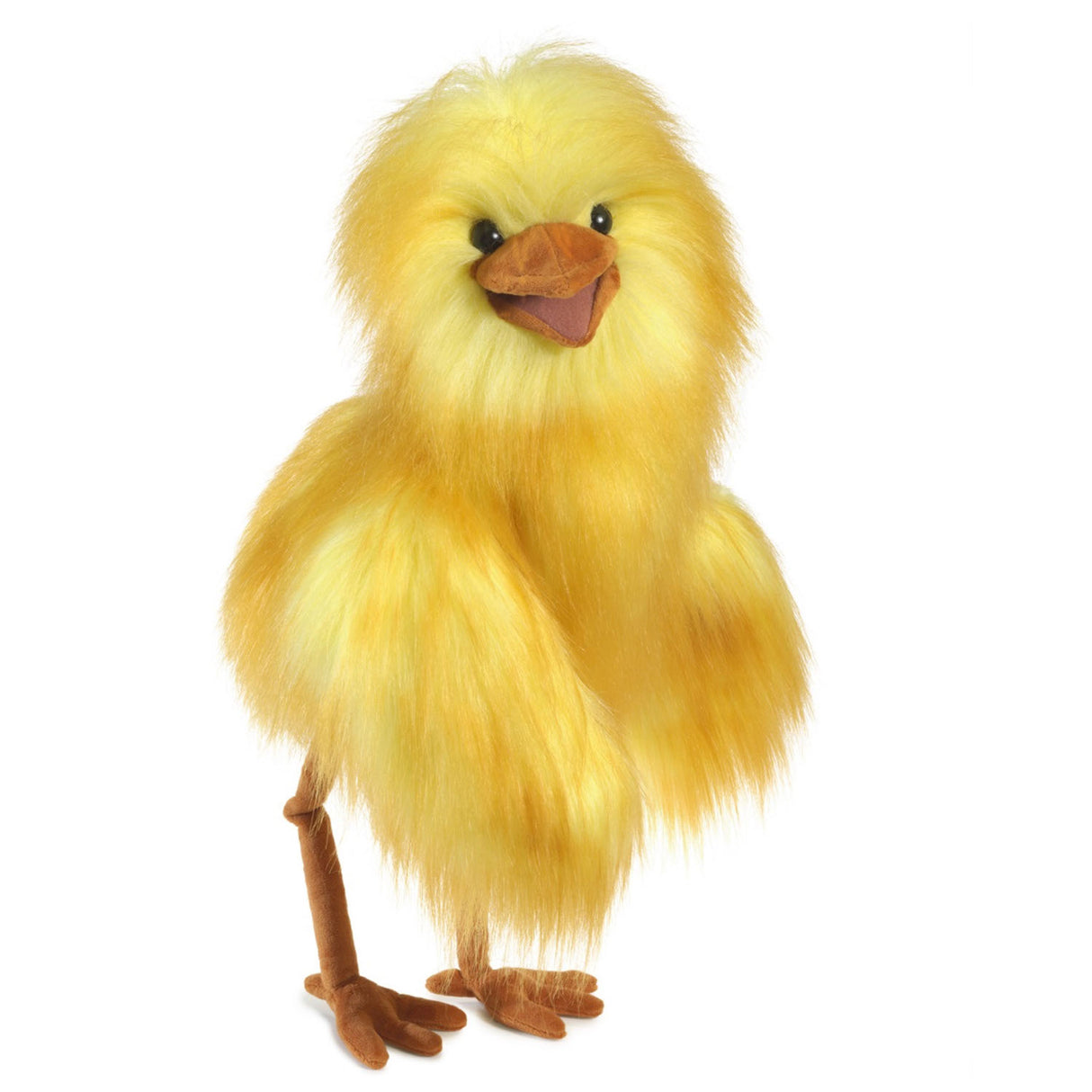 Funny Bird Puppet with bright yellow plush feathers, moveable beak, and floppy limbs for playful storytelling and fun.
