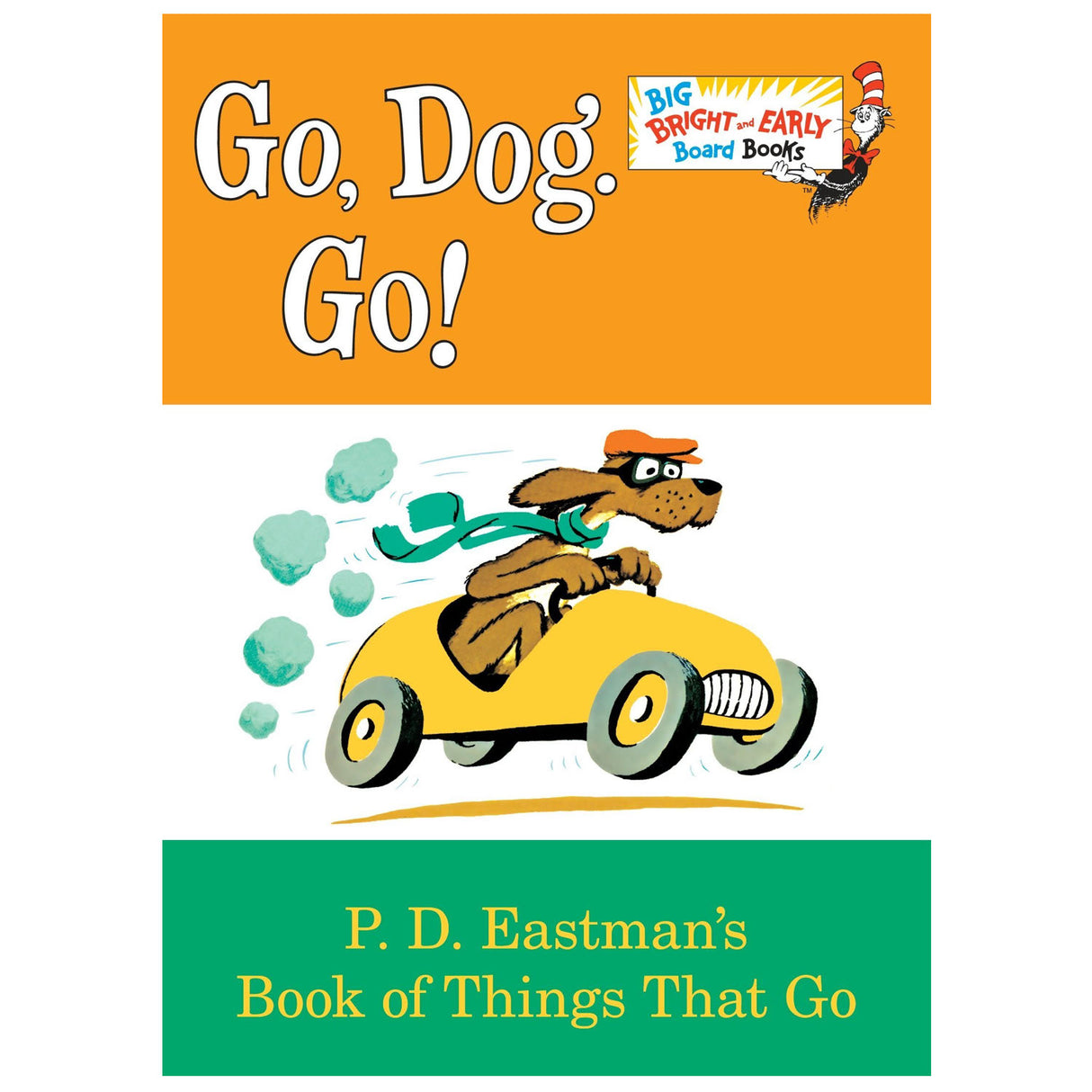 Go Dog Go! book cover showing a dog driving a yellow car in a children's board book style.