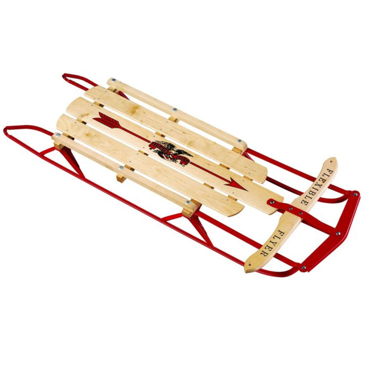 Flexible Flyer Sled with birch wood slats, red steel runners, steerable design, and classic arrow logo on seat.