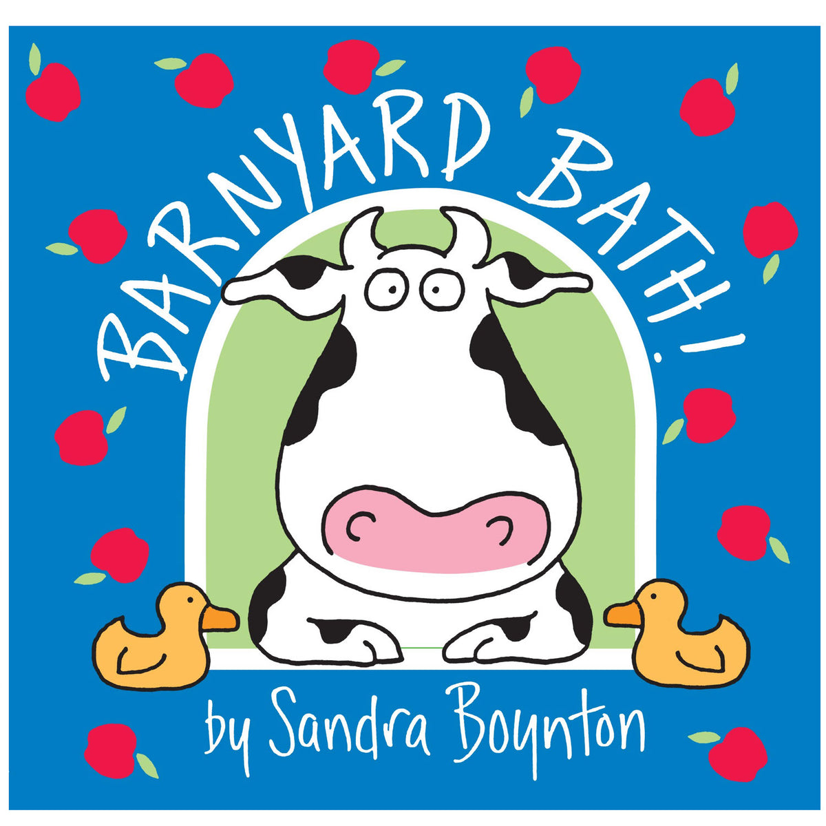 Barnyard Bath waterproof bath book by Sandra Boynton with a cow and rubber ducks on a blue background.
