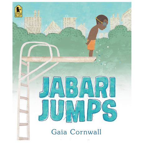 Jabari Jumps cover shows a boy in swimming goggles preparing to jump off a diving board with cityscape background.