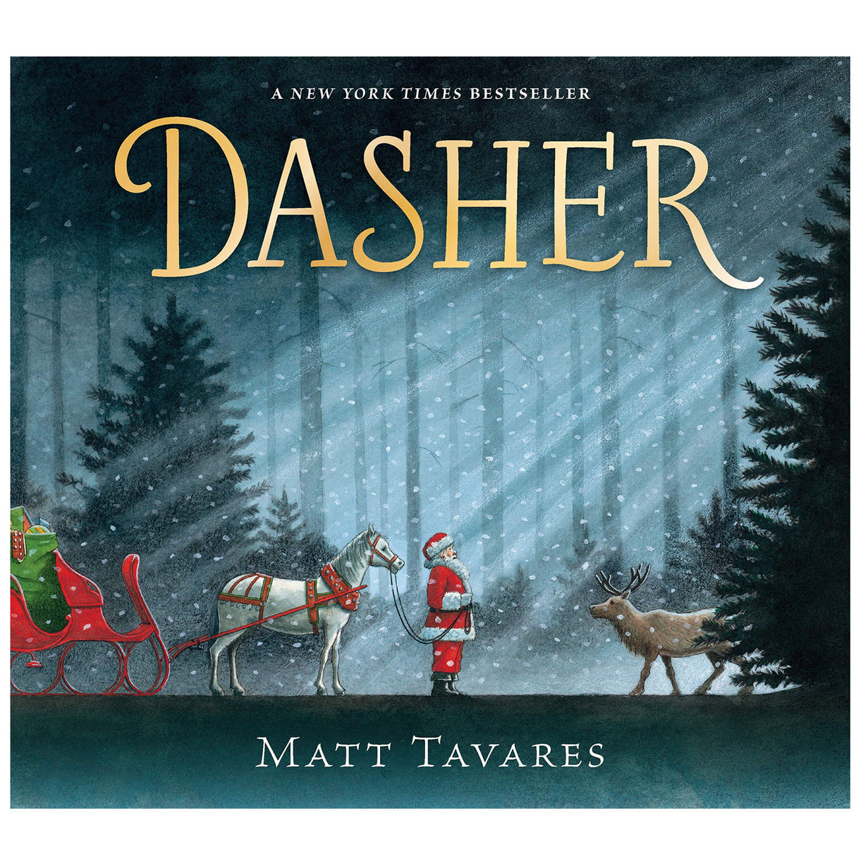 Cover of Dasher: How a Brave Little Doe Changed Christmas Forever showing Santa, a horse-drawn sleigh, and a reindeer in snowy woods.