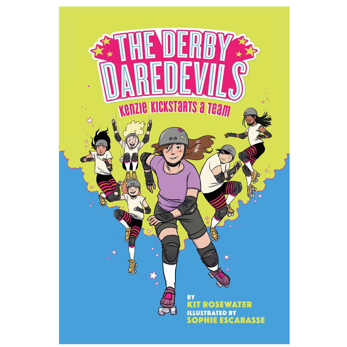 The Derby Daredevils book cover features five girls roller skating in action with Kenzie leading the team.