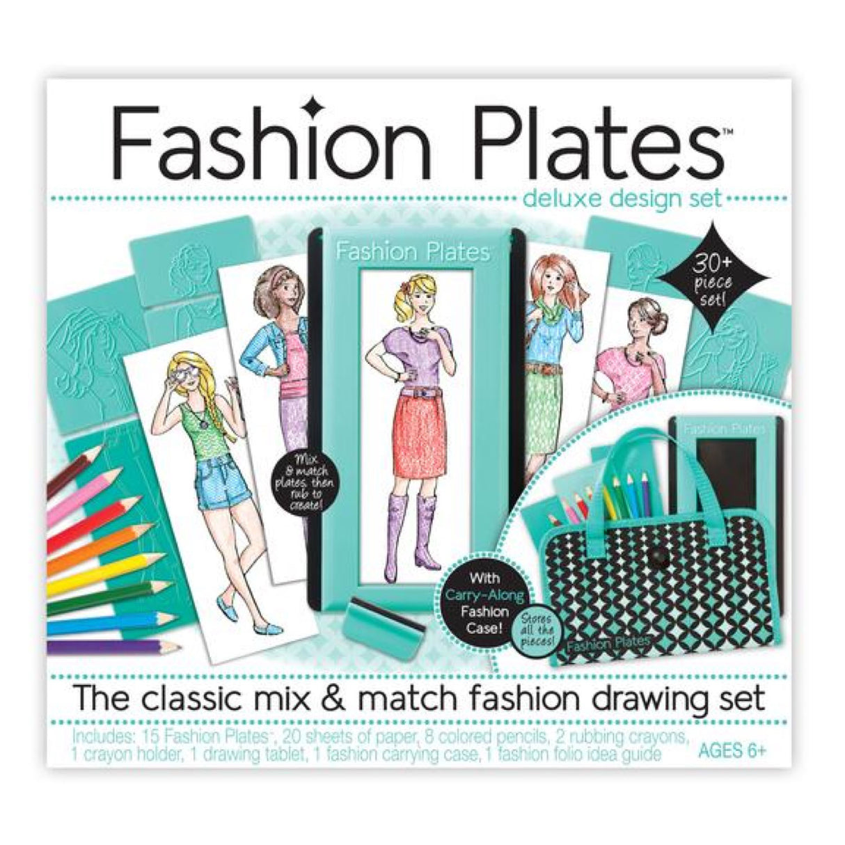 Fashion Plates deluxe design set with drawing tablet, colored pencils, rubbing crayons, and carry-along portfolio case.