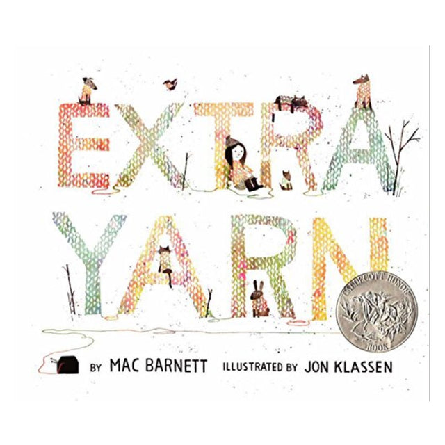 Extra Yarn book cover with colorful knitted letters and illustrations by Jon Klassen, highlighting the magical story.