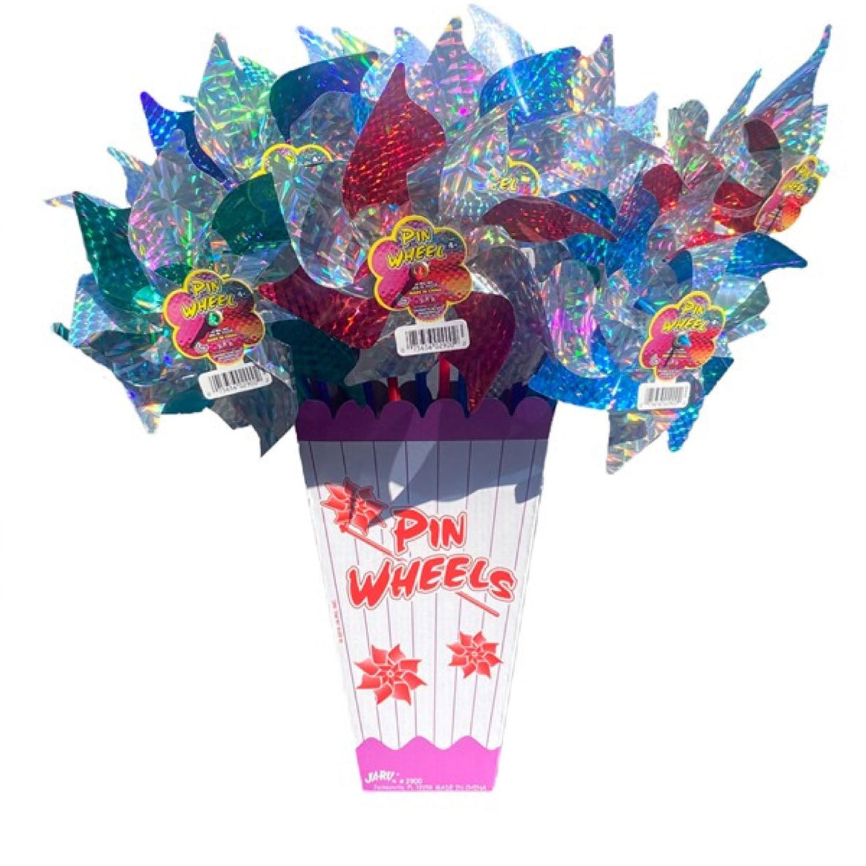 Colorful assorted Pinwheel toys in a display box, perfect for adding fun to a windy day. Each sold individually.