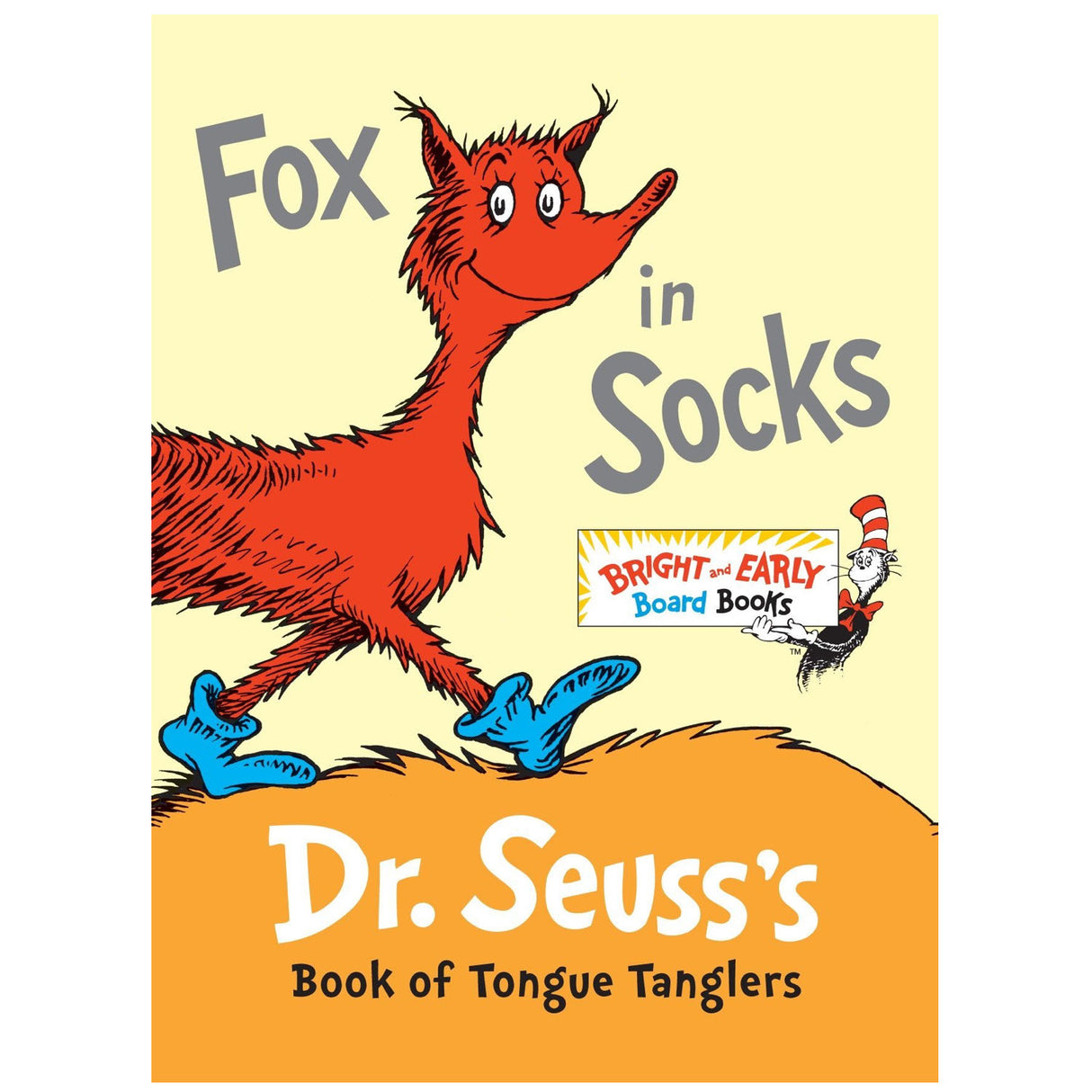Cover of Dr. Seuss's Fox in Socks board book featuring a red fox wearing blue socks.