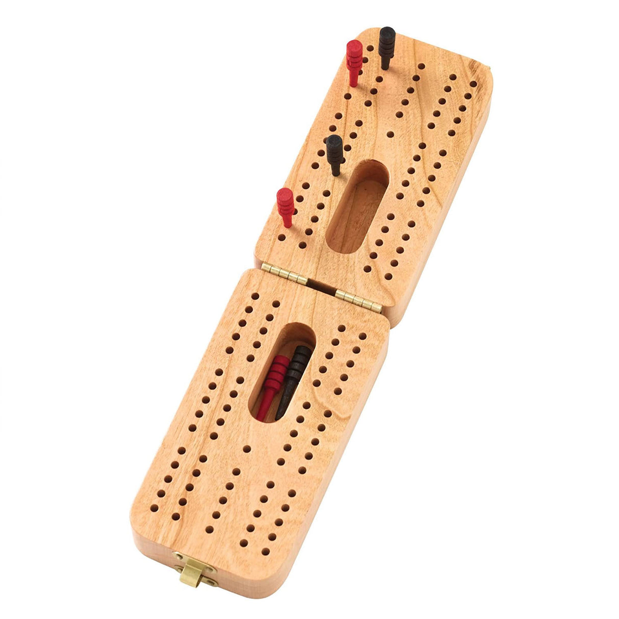 Folding Cribbage board in cherry wood with brass hinges, peg storage, and 60-hole layout for gaming on the go.