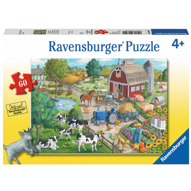 60pc Home on the Range Puzzle featuring a colorful farm scene with animals, barn, tractor, and countryside details for kids 4+