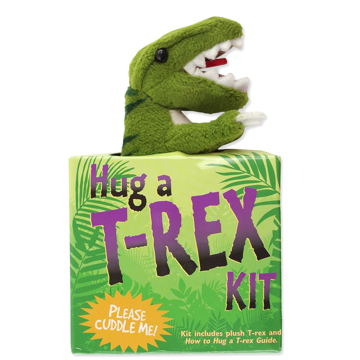 Hug a T-Rex Kit with plush green T-Rex toy peeking out of jungle-themed box for kids ages 3 and up