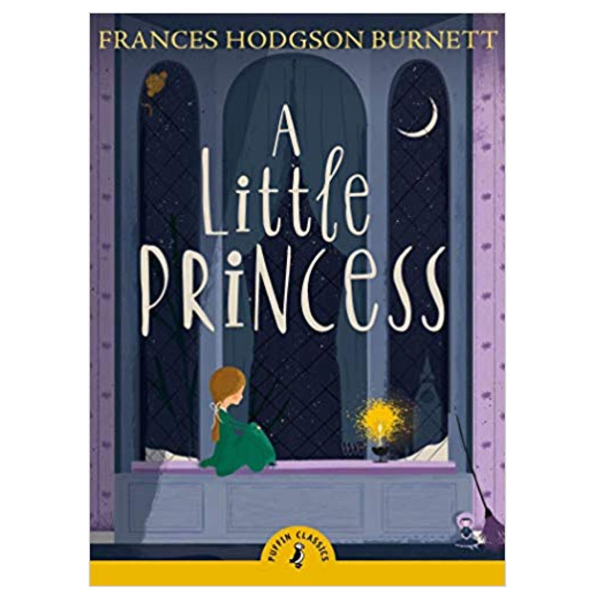 A Little Princess book cover showing a girl sitting by a window at night with a glowing light and crescent moon.