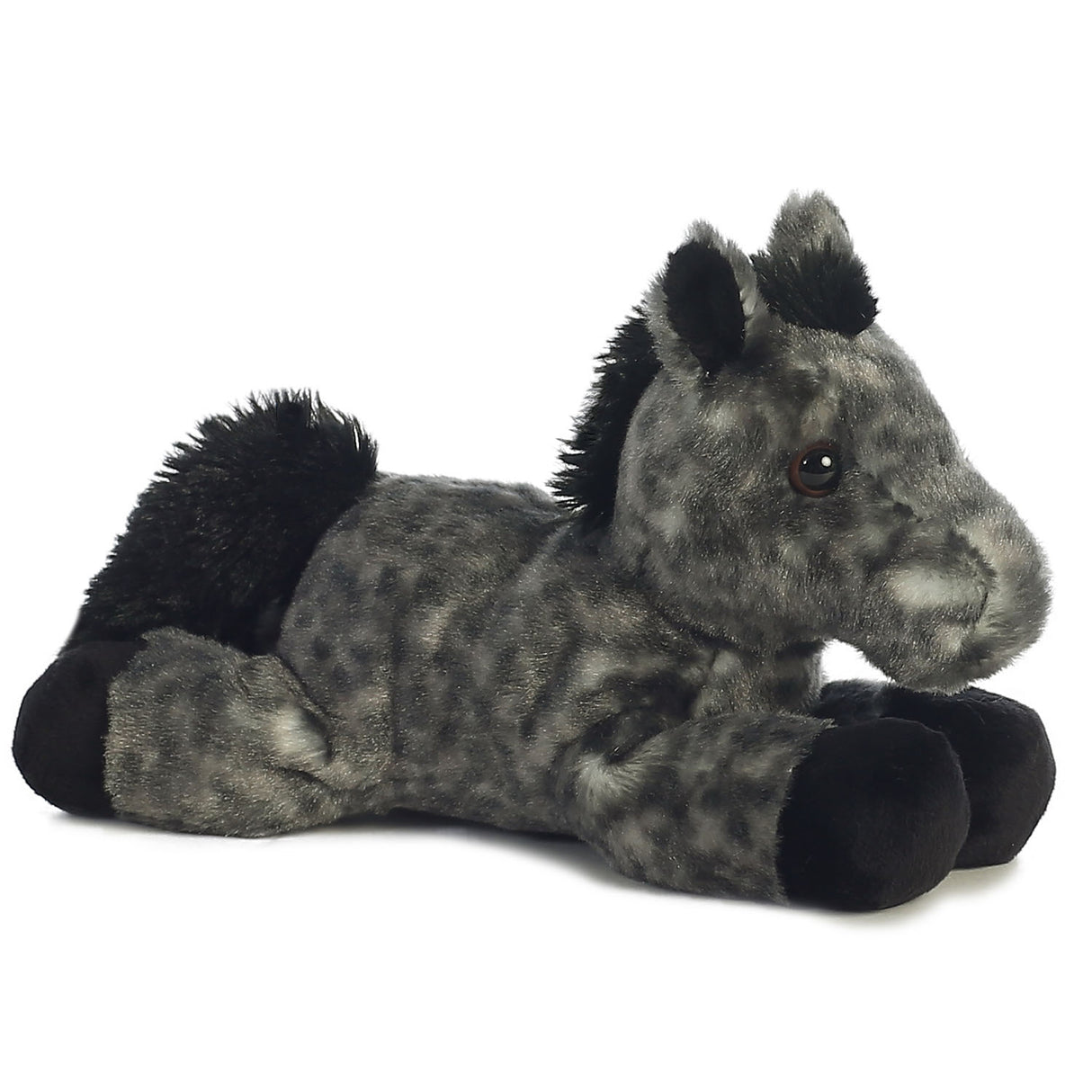 Horse Storm plush toy is grey with white spots, black mane and tail, lying floppy and 8 inches long.
