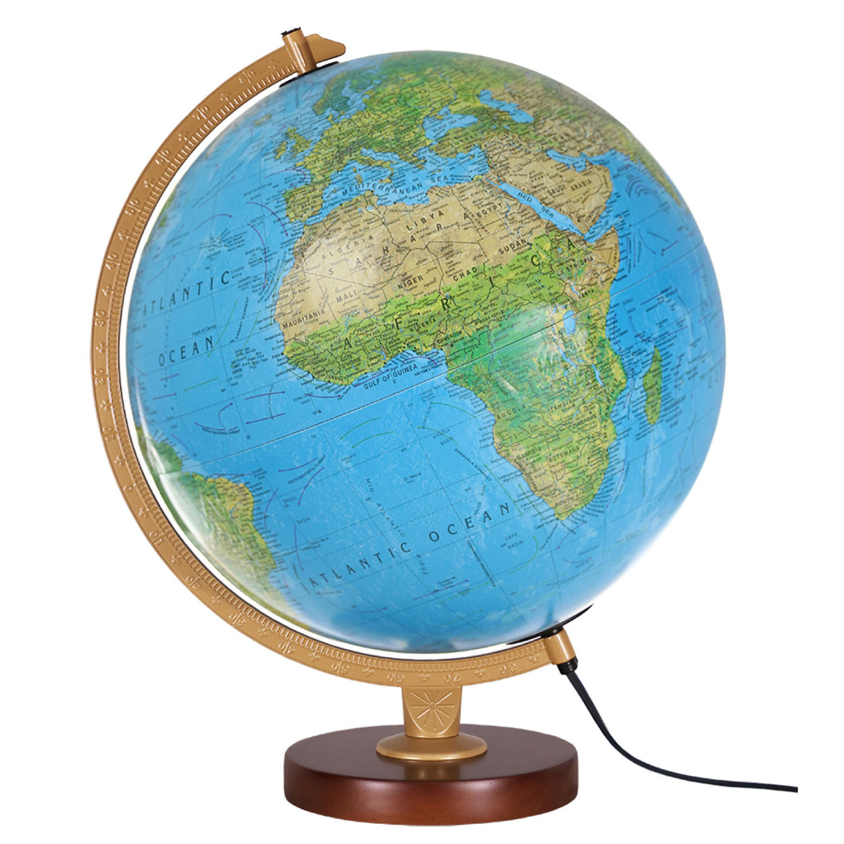 Livingston Light-Up Globe showing raised relief map with political and topographical details on hardwood base.