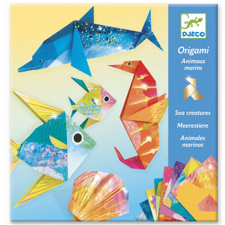 Origami Sea Creatures kit showcasing colorful folded paper dolphin, seahorse, fish, and shell with instructions included.