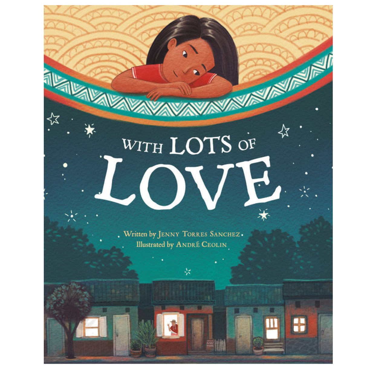 With Lots of Love book cover showing a girl looking down over a colorful border with houses below at night.