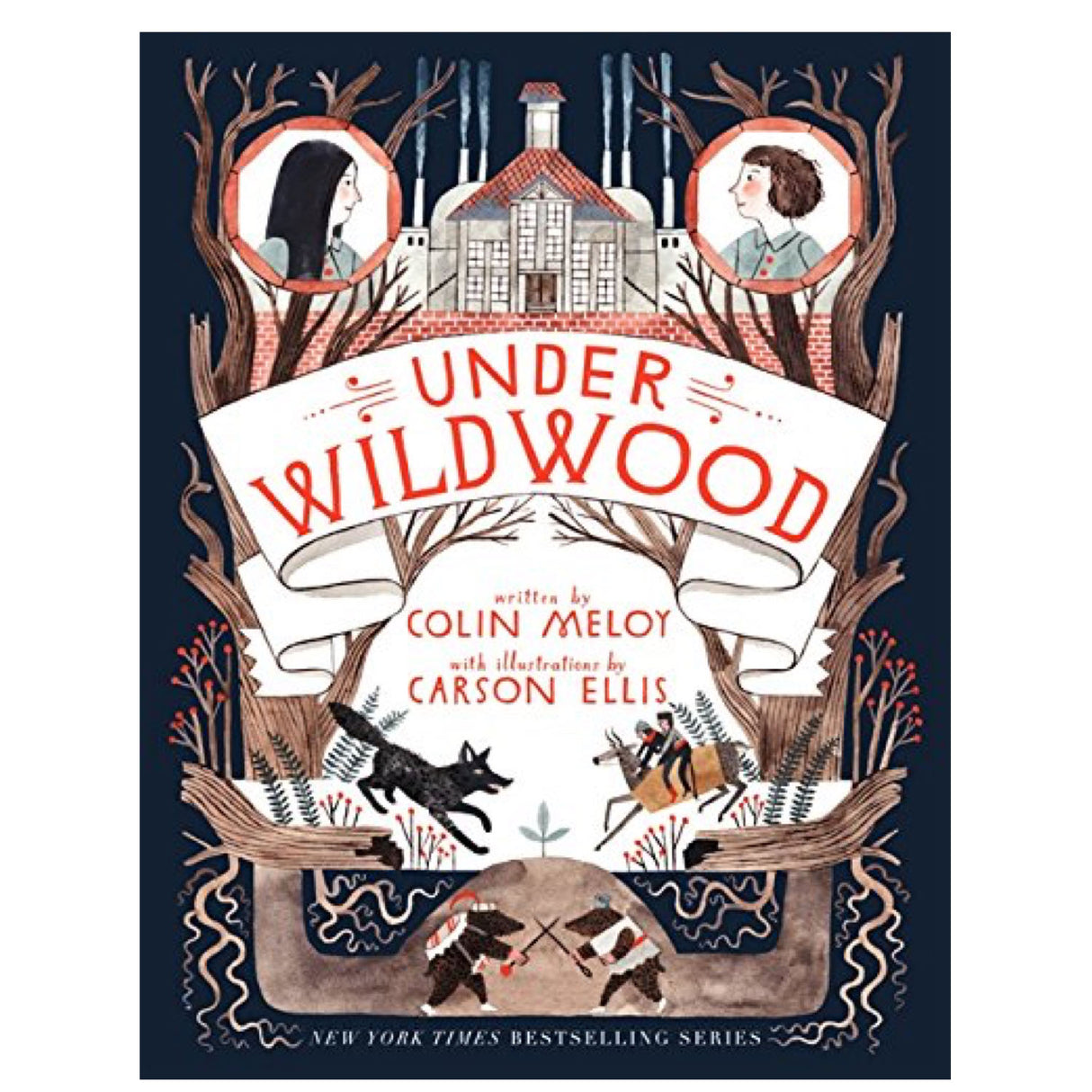 Under Wildwood #2 book cover with illustrations of characters, forest, and a mysterious house in a fantasy setting.