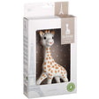 Sophie the Giraffe natural rubber baby teether toy in packaging with Eiffel Tower illustration, safe for newborns.