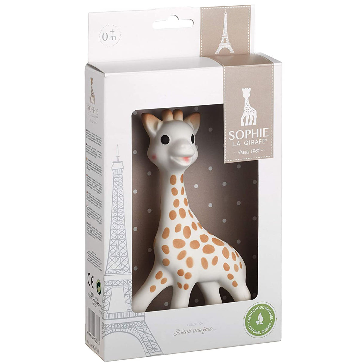 Sophie the Giraffe natural rubber baby teether toy in packaging with Eiffel Tower illustration, safe for newborns.