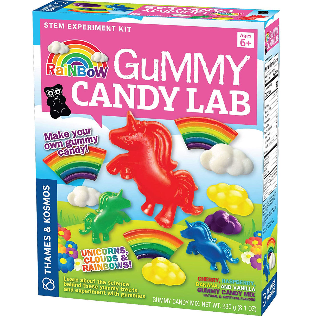 Rainbow Gummy Lab box showing colorful unicorn, cloud, and rainbow-shaped gummies for making homemade candy.