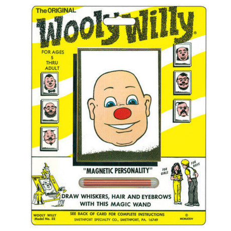 Wooly Willy magnetic drawing toy with iron powder to create hairstyles, mustaches, and whiskers for kids and adults.