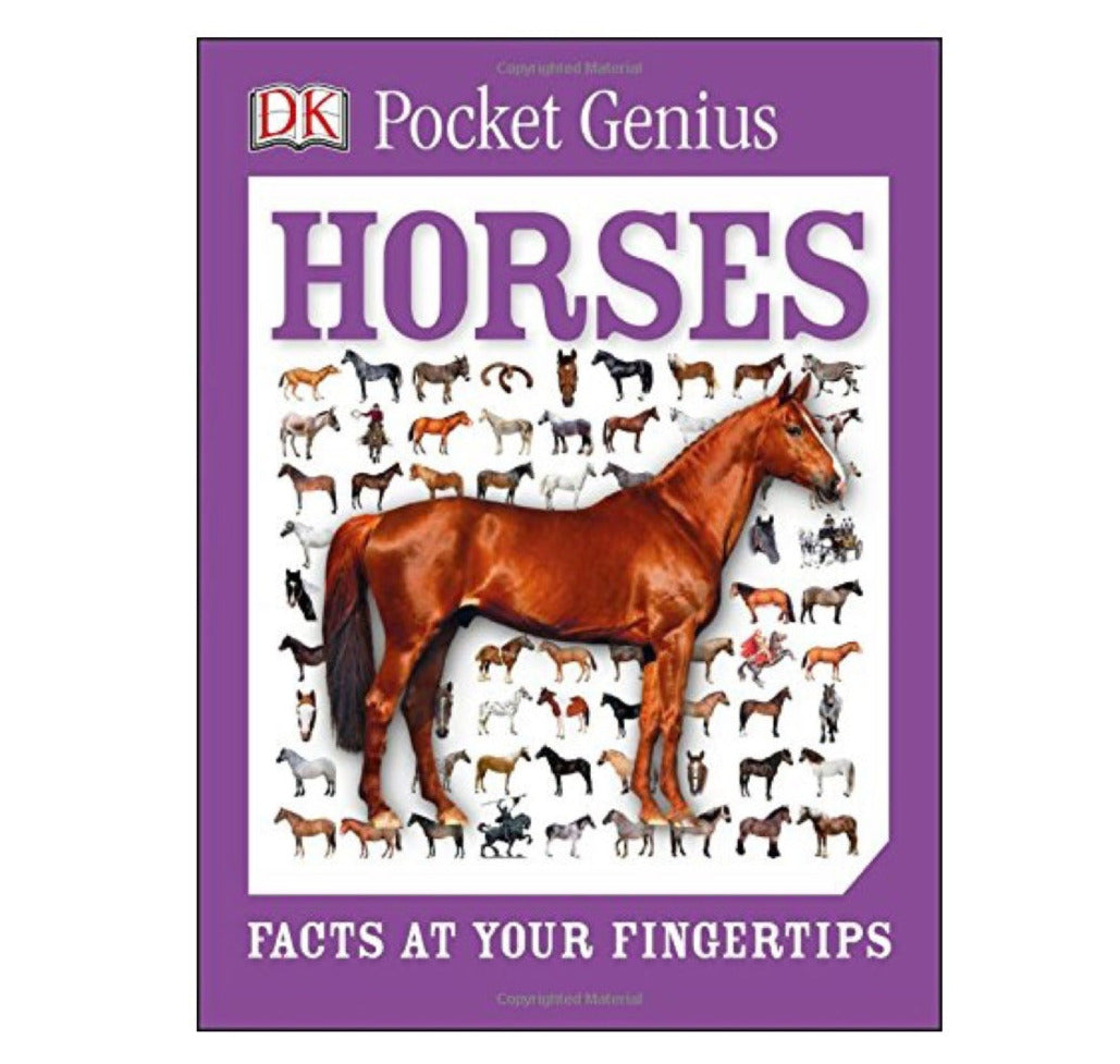Pocket Genius Horses book cover featuring various horse breeds including a large brown horse and smaller illustrations.