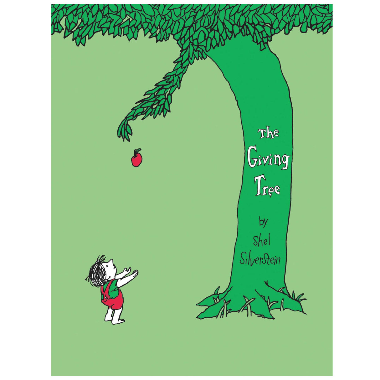 The Giving Tree book cover illustration showing a boy reaching for an apple from a large leafy tree.