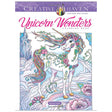 Unicorn Wonders Coloring Book with a colorful unicorn surrounded by flowers and a castle in a fantasy landscape.
