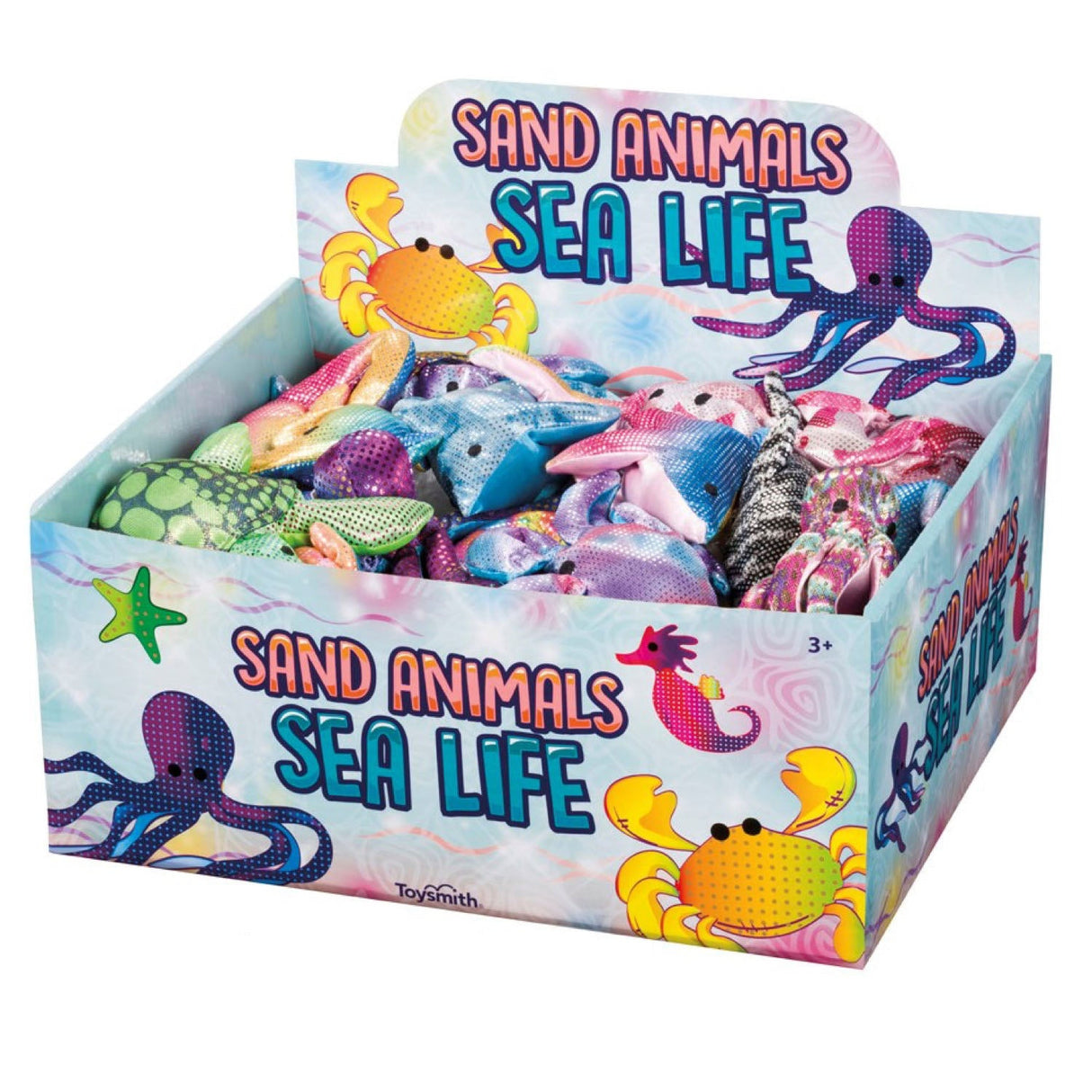 Sea Life Sand Animal display box filled with assorted colorful, shiny sand-filled sea life animals, 4-6 inches each.