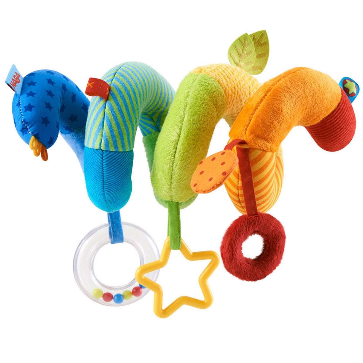 Rainbow Activity Spiral Stroller Toy colorful soft spiral with rings and rattles perfect for baby’s stroller or cot entertainment.