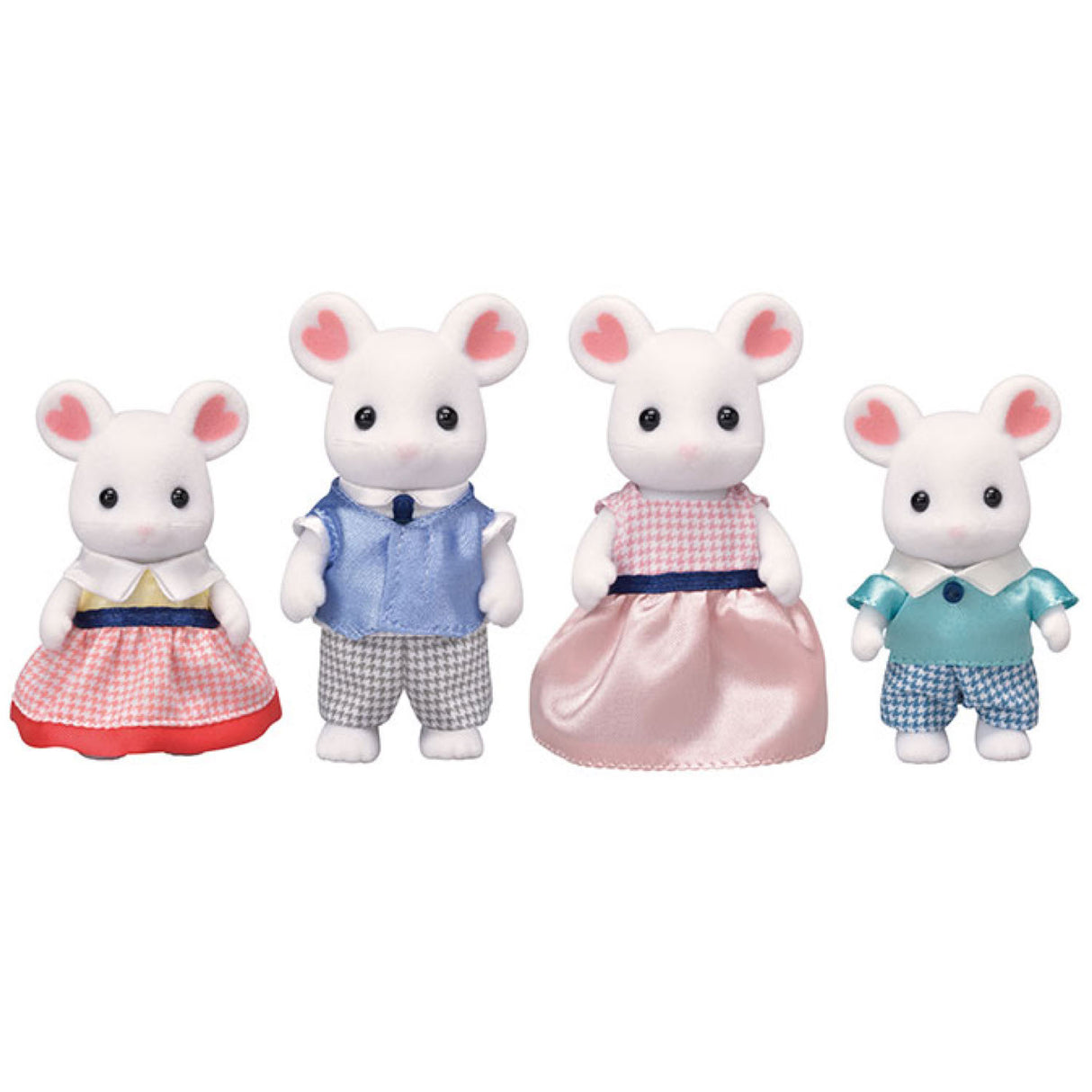 Marshmallow Mouse Family four-piece set with movable arms and legs dressed in removable fabric clothing.