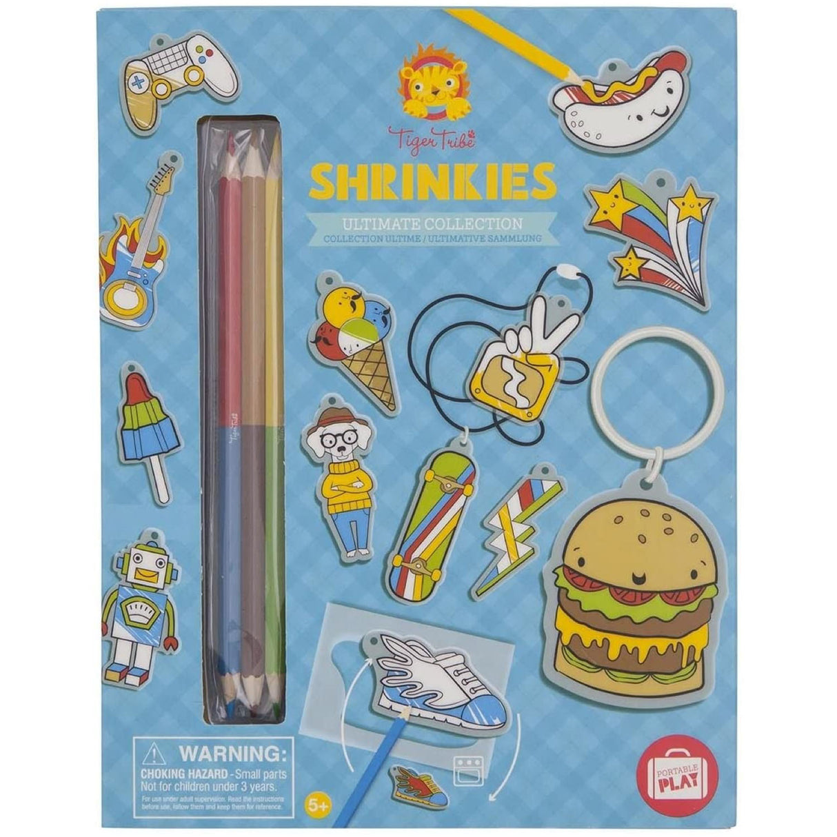 Shrinkies | Ultimate Collection with 16 plastic charms and colored pencils for creating key chains and jewelry.