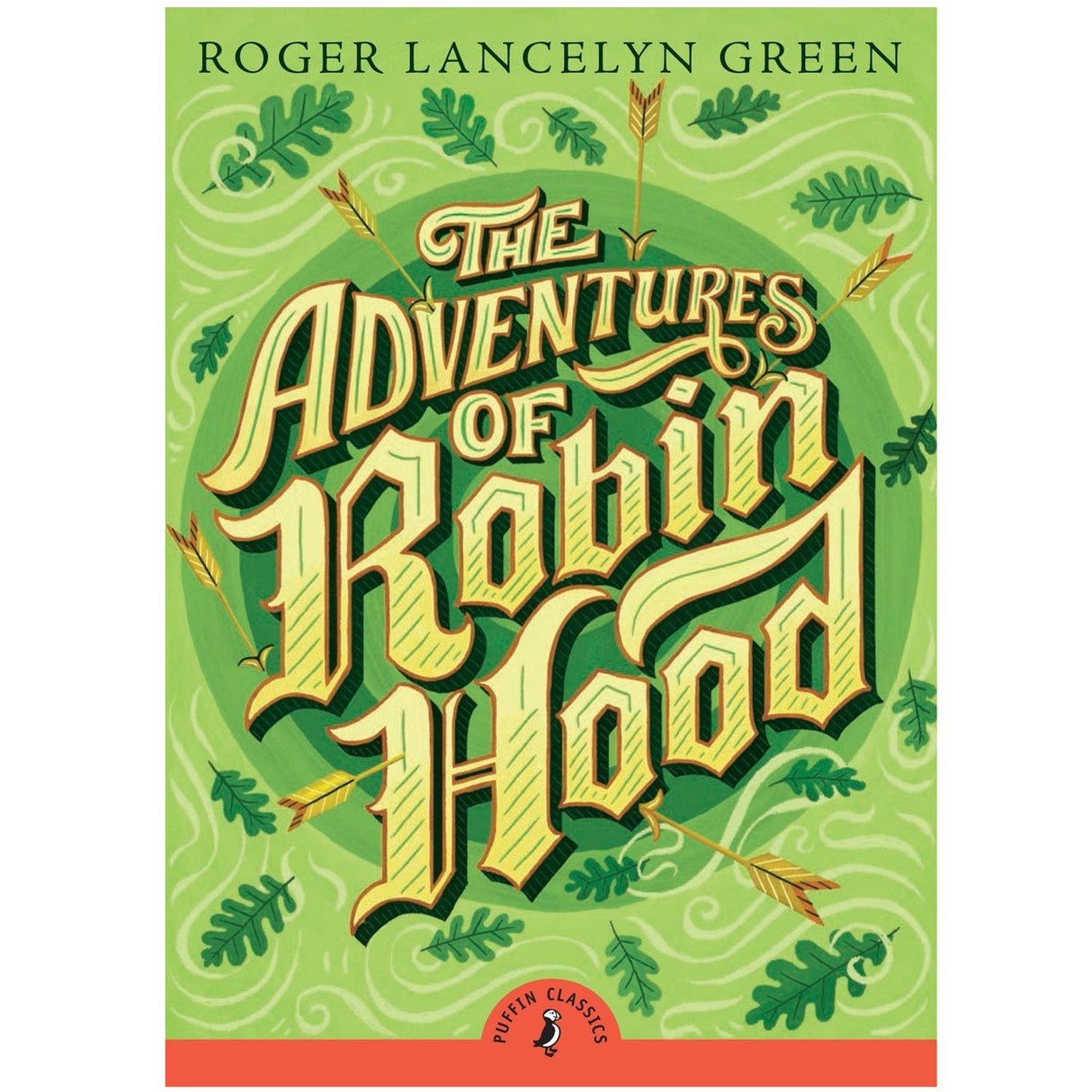 The Adventures of Robin Hood book cover with arrows and oak leaves on a green background by Roger Lancelyn Green.