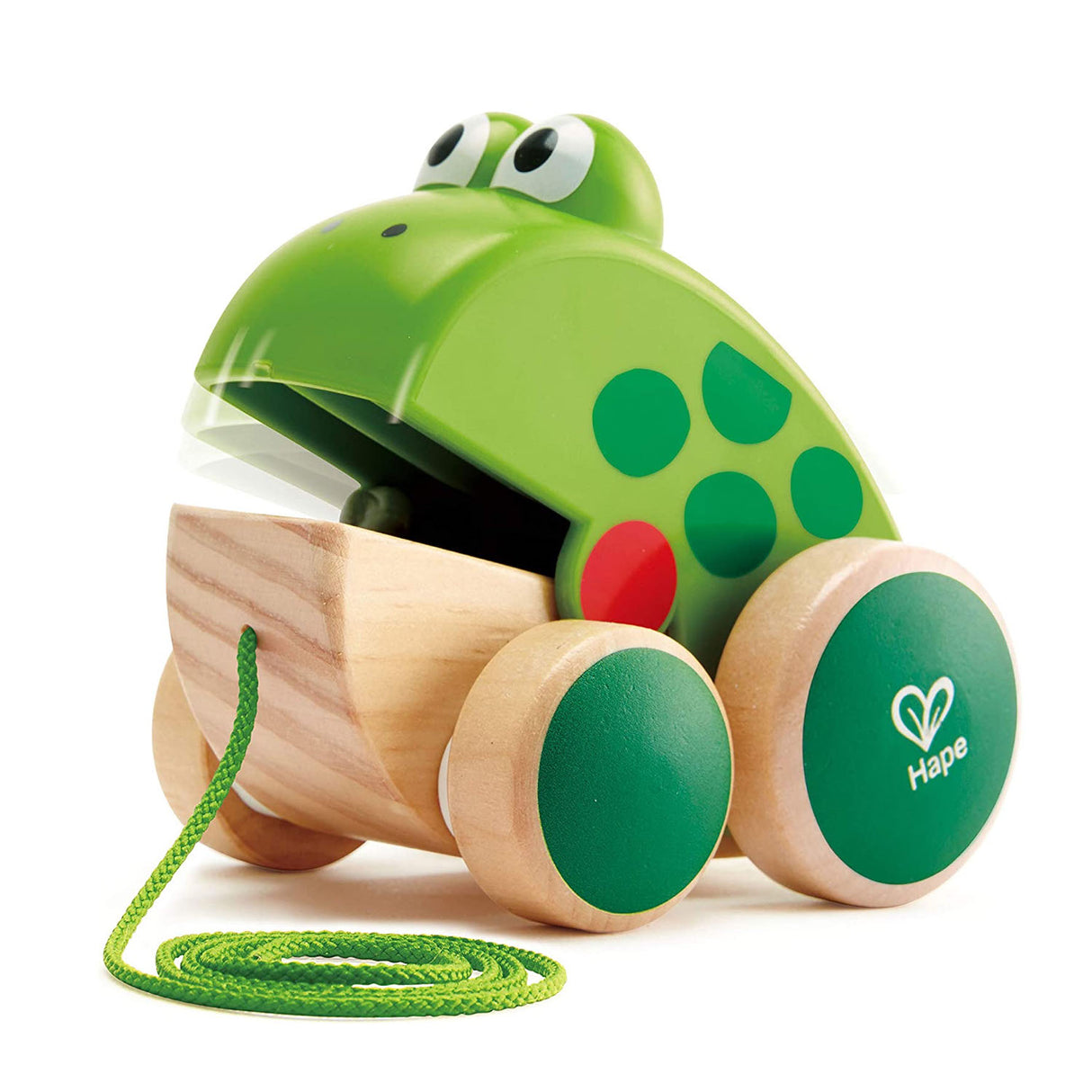 Pull Along Frog wooden toy with green frog design, open mouth, and wheels for toddlers aged 12+ months.