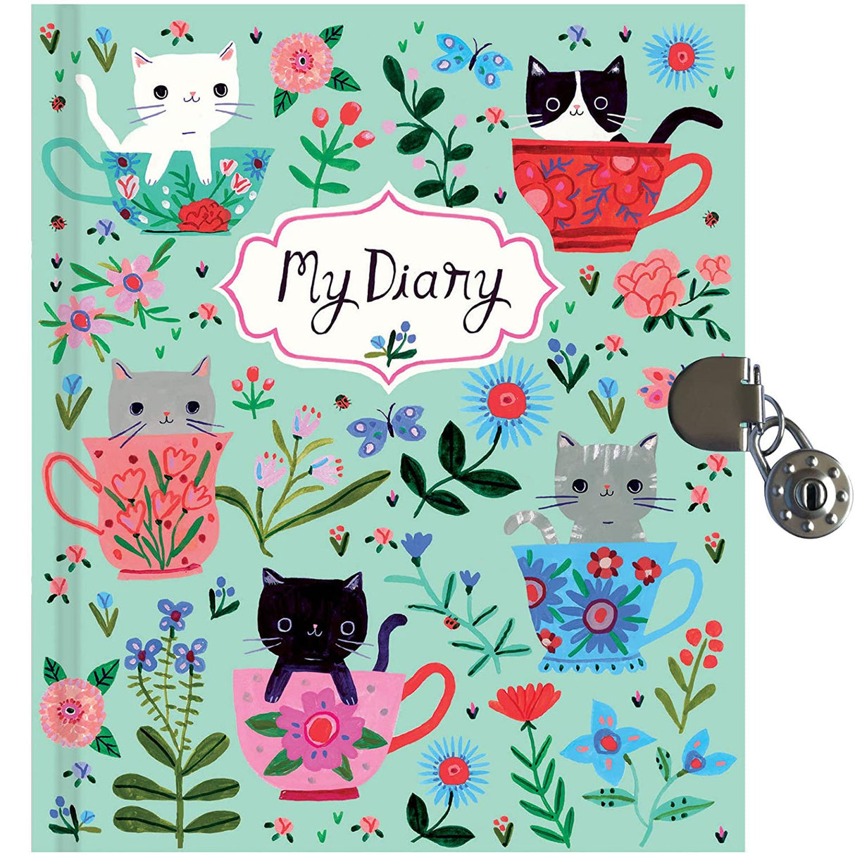 Teacup Kittens Diary featuring whimsical kittens in teacups with florals and a lock for secure writing adventures.