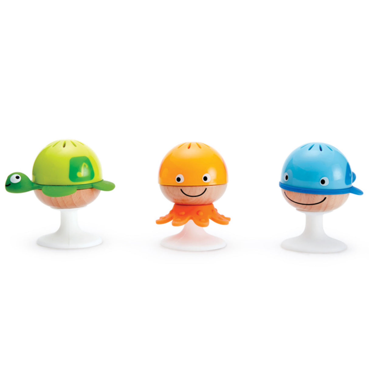 Stay-Put Rattle Set with bright aquatic animal designs and suction cups for secure play anywhere.